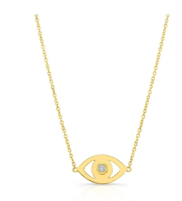 14K YELLOW GOLD DIAMOND BEZEL EVIL EYE NECKLACE