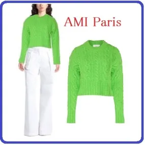 AMI PARIS  |Wool Long Sleeves Plain Medium V-neck & Crew neck