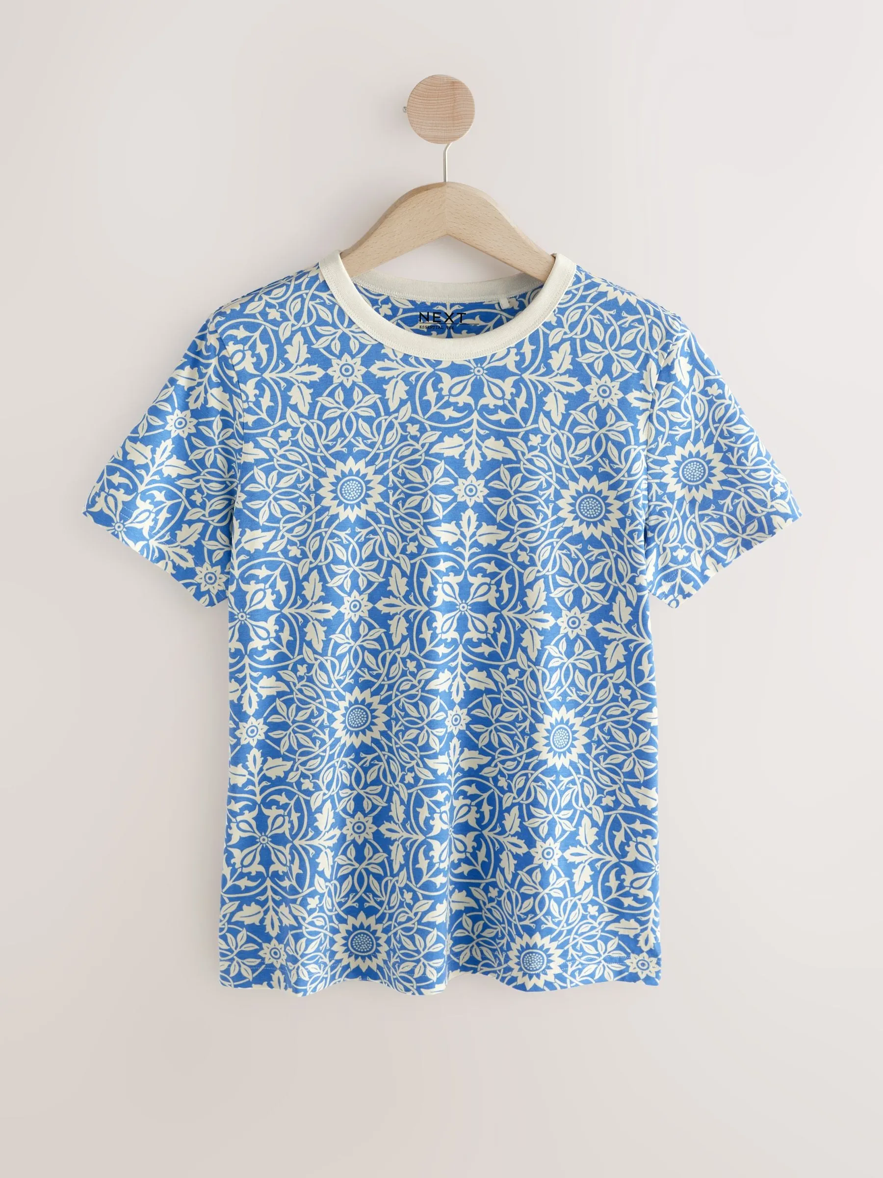 Blue/Ecru Essential Pure Cotton Short Sleeve Crew Neck T-Shirt