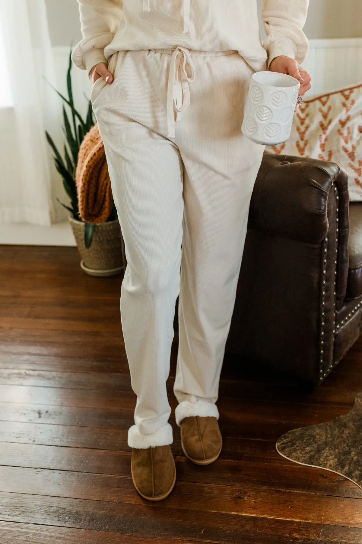 Call It Comfort Ribbed Lounge Pants- Cream