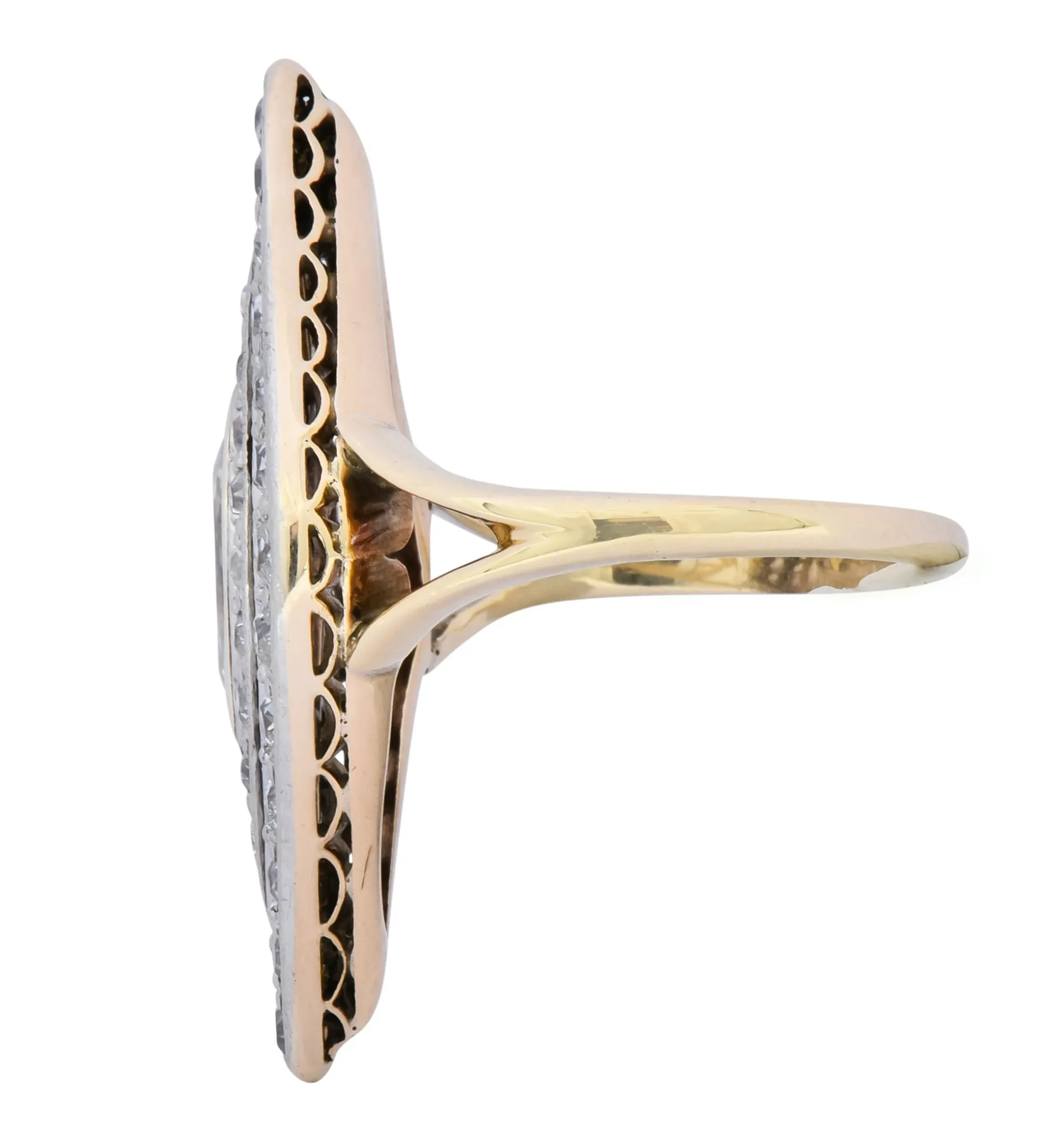 Edwardian 1.60 CTW Diamond Platinum-Topped 14 Karat Gold Navette Dinner Ring