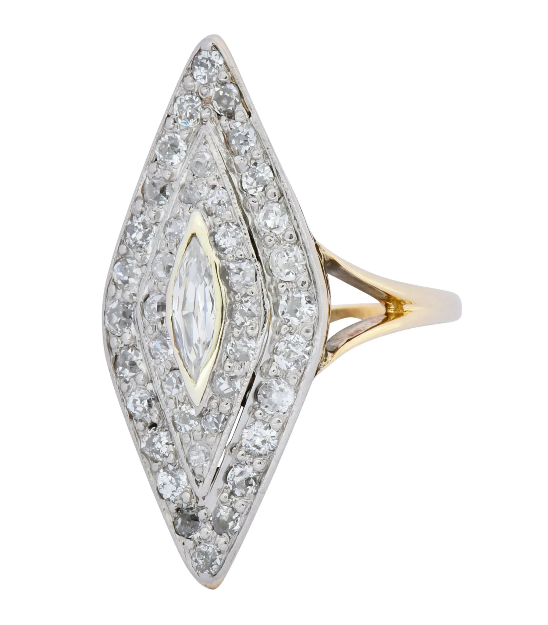 Edwardian 1.60 CTW Diamond Platinum-Topped 14 Karat Gold Navette Dinner Ring