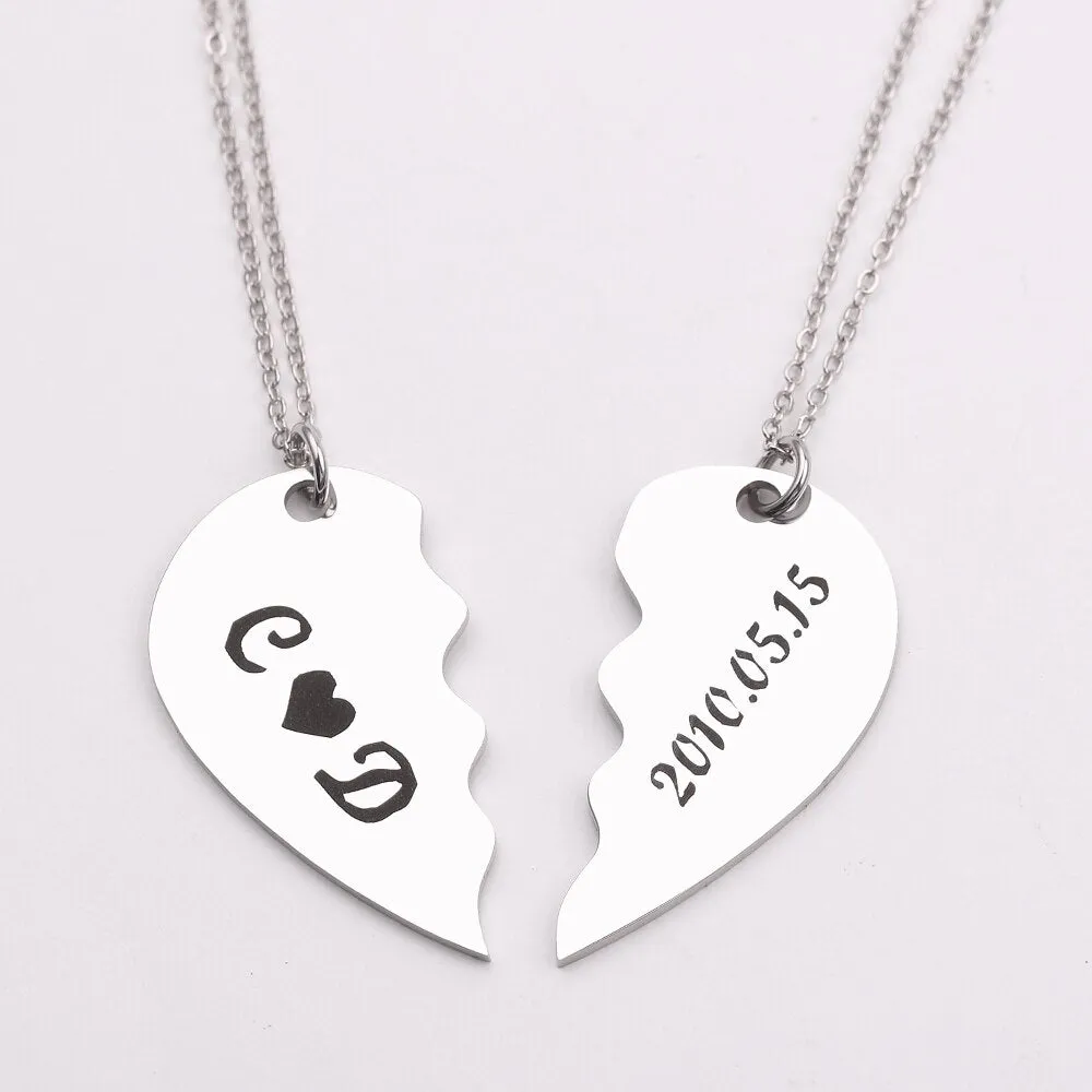 Engraved Heart Stitching Pendant Puzzle Couples Necklace