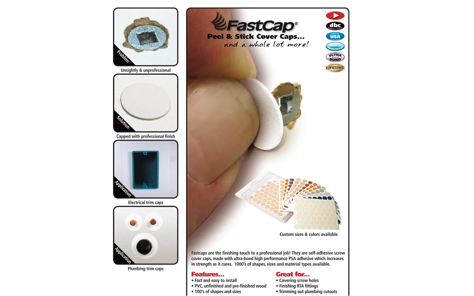 FastCap 9/16" White Adhesive Cover Caps - Solid PVC ~ 265 Pieces