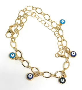 Gold Plated Evil Eye Ankle Bracelet 8-11”