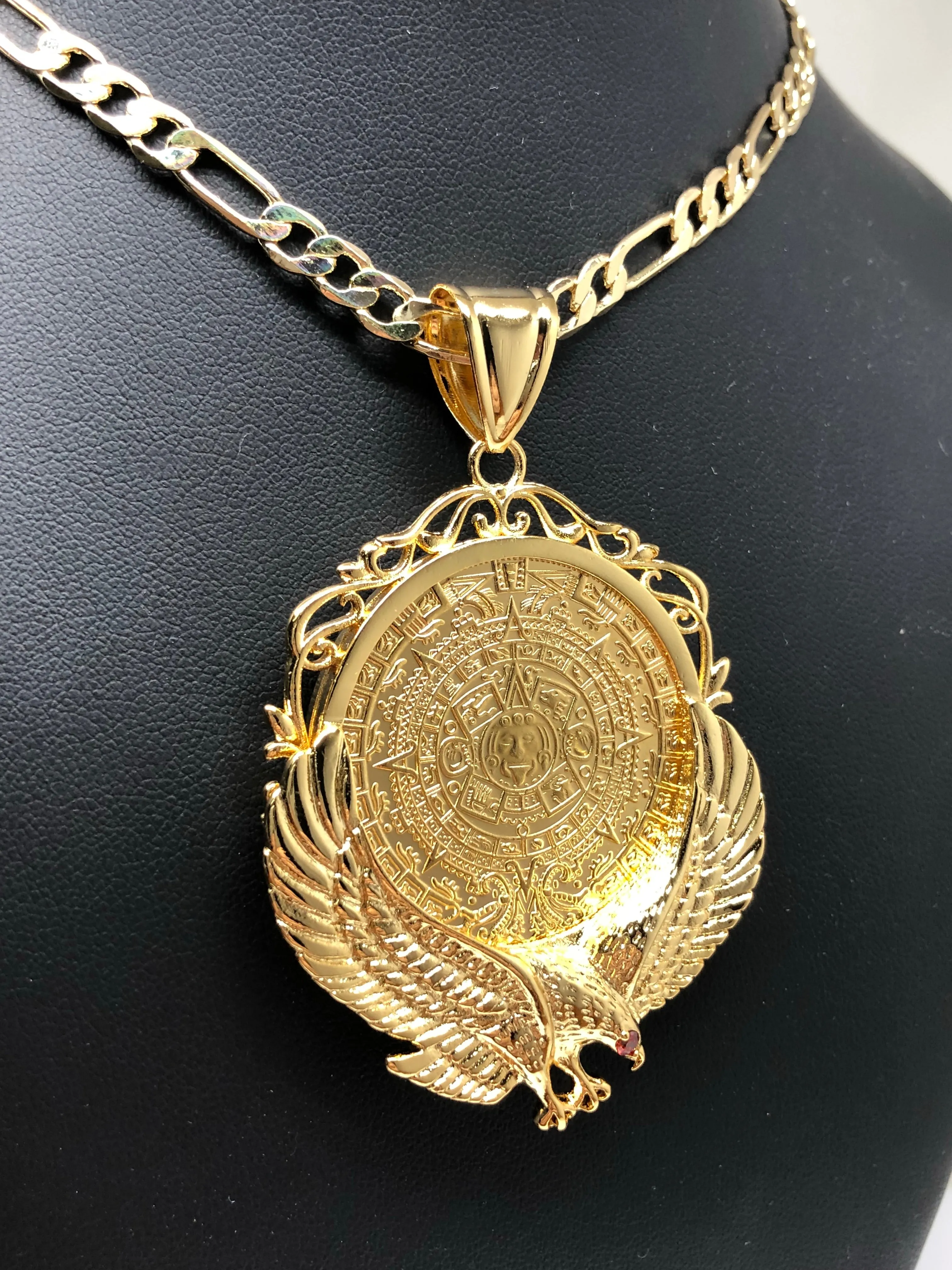 Gold Plated Mexican Centenario Coin Aztec Calendar con Aguila Oro Laminado Con Cadena Figaro 26 5mm