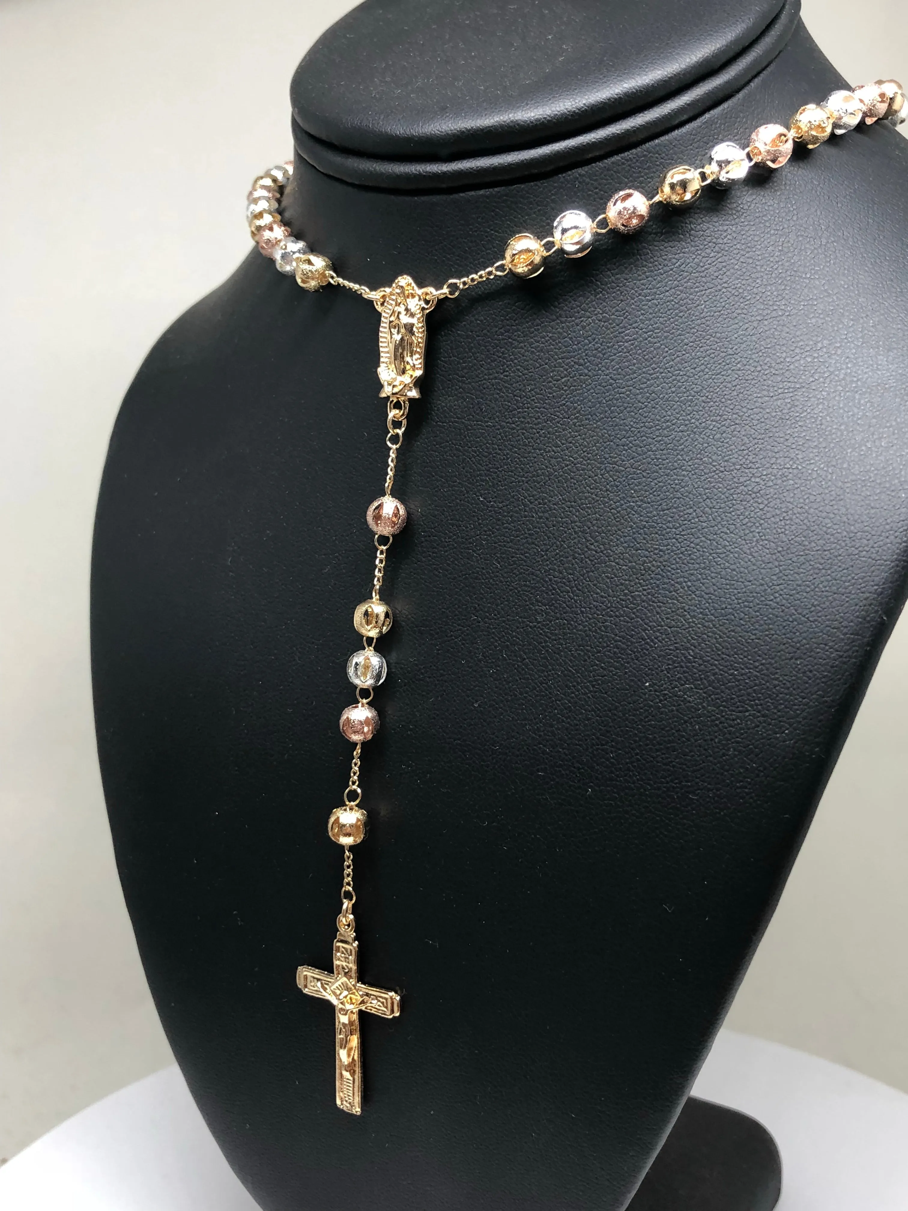 Gold Plated Tri-Color Virgin Mary Rosary Necklace Virgen de Guadalupe Rosario Crucifijo Oro Tres Colores 20”