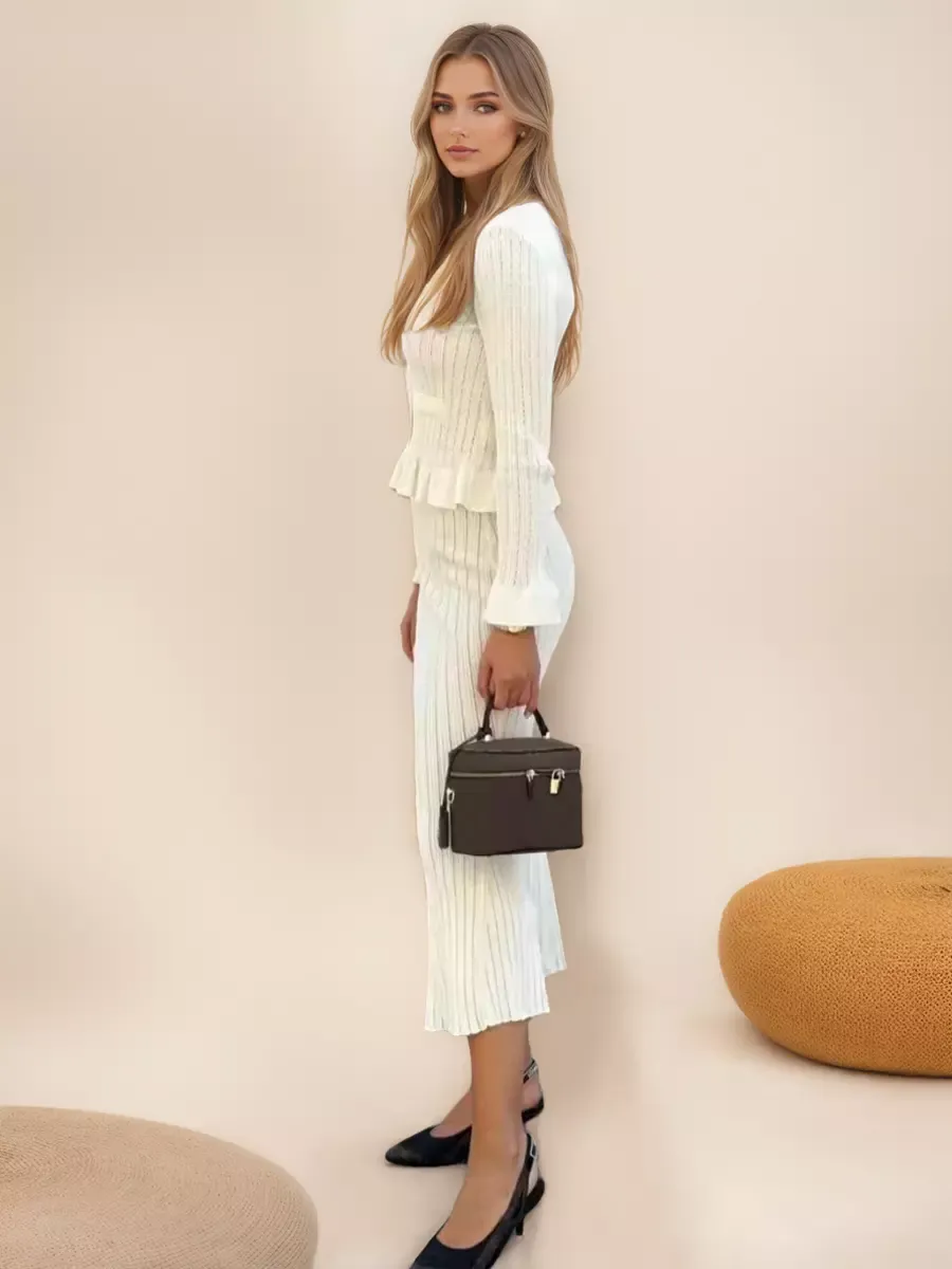 Knitted 2 Piece Set For Women V-neck Bell Sleeve Top And Mermaid Skirt Spring Outfit For Women 2025