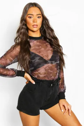 Long Sleeve Camo Heart Mesh Top