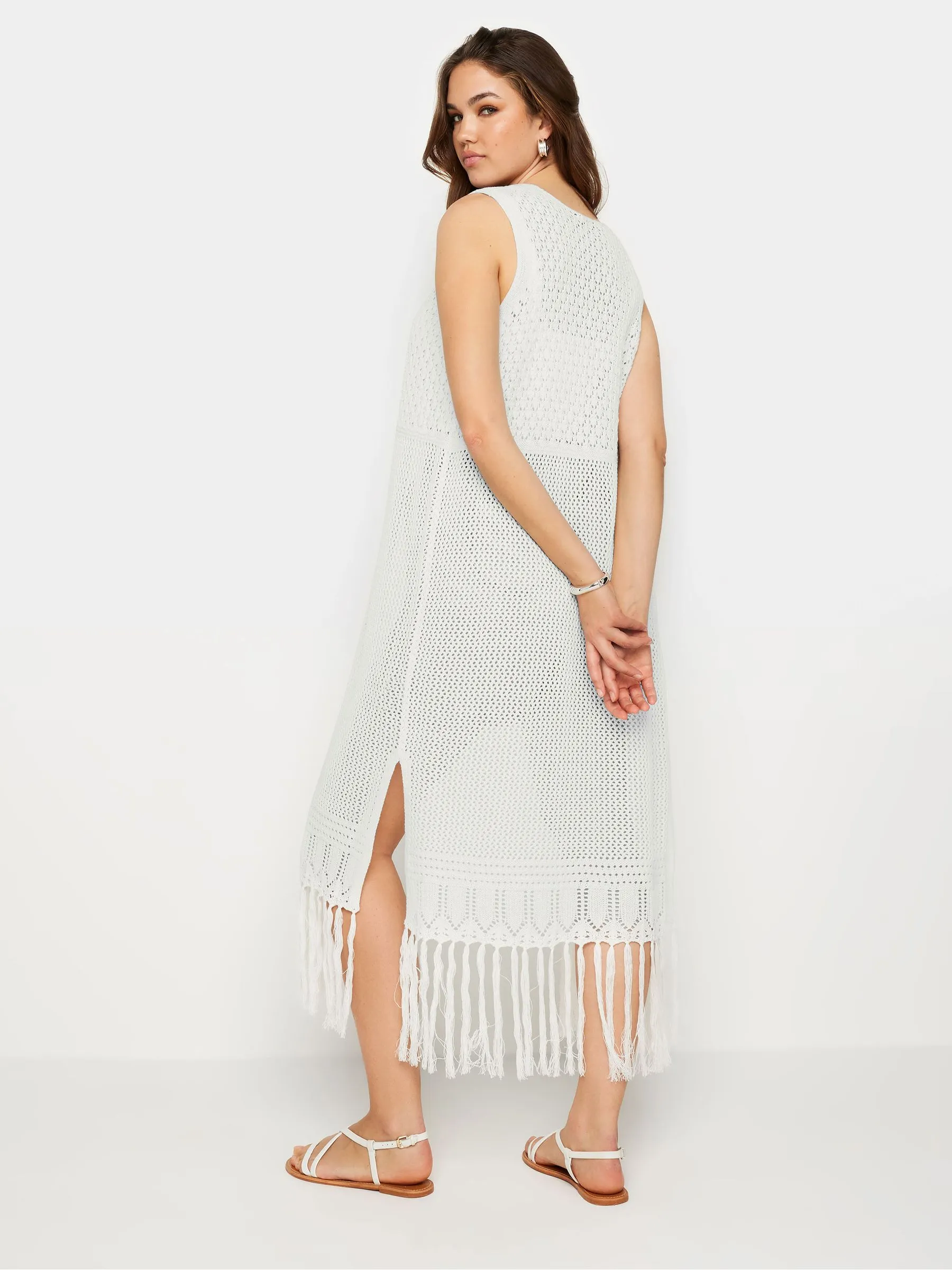 Long Tall Sally White Longline Crochet Waistcoat