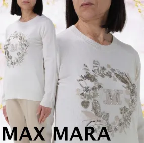 MaxMara  |Crew Neck Flower Patterns Casual Style Wool Long Sleeves