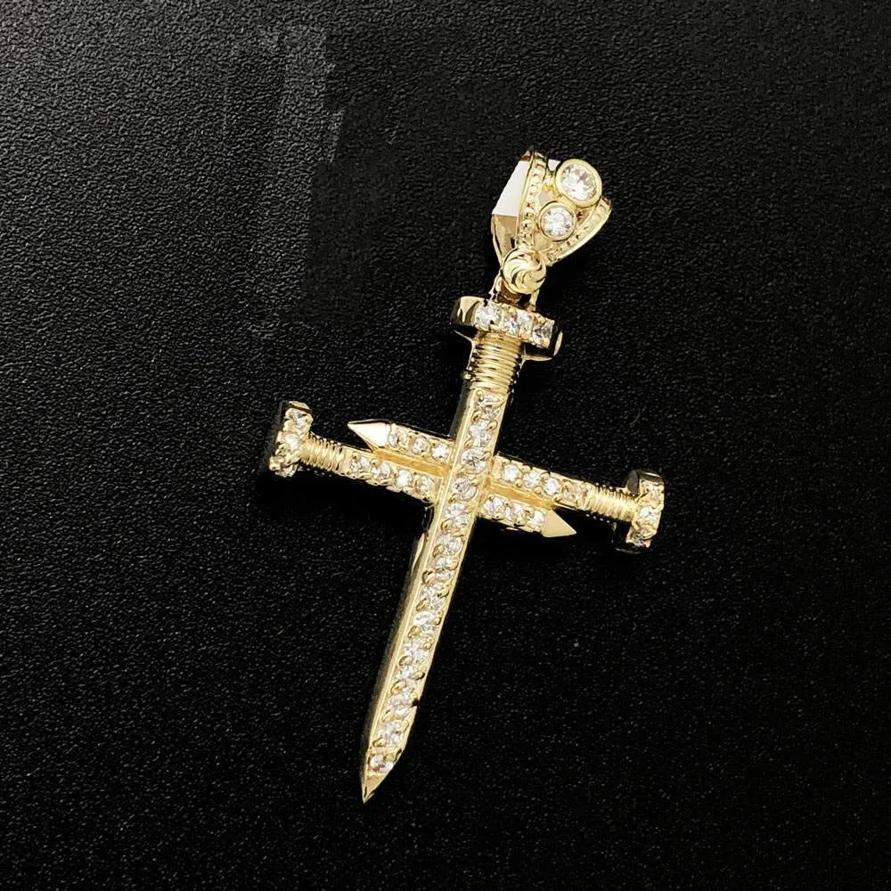 Nail Cross CZ 10K Yellow Gold Pendant