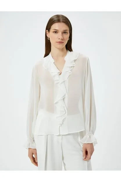 Ruffled V-Neck Balloon Sleeves Chiffon Shirt
