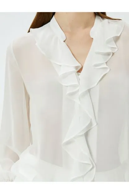 Ruffled V-Neck Balloon Sleeves Chiffon Shirt