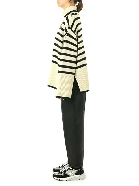 TOTEME  |Stripes Wool Long Sleeves Cotton V-neck & Crew neck