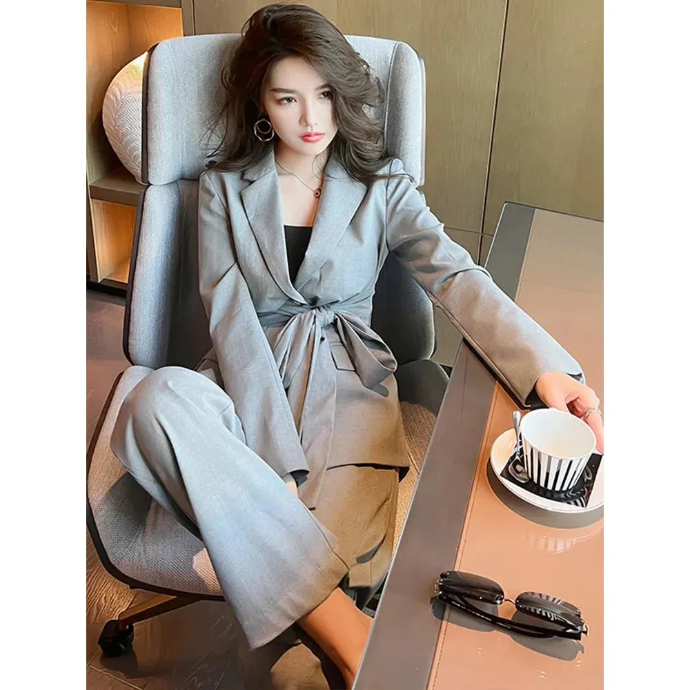 Women's Chic Formal Lace-up Decor Blazer Wide Leg Loose Pants 2 Piece Set