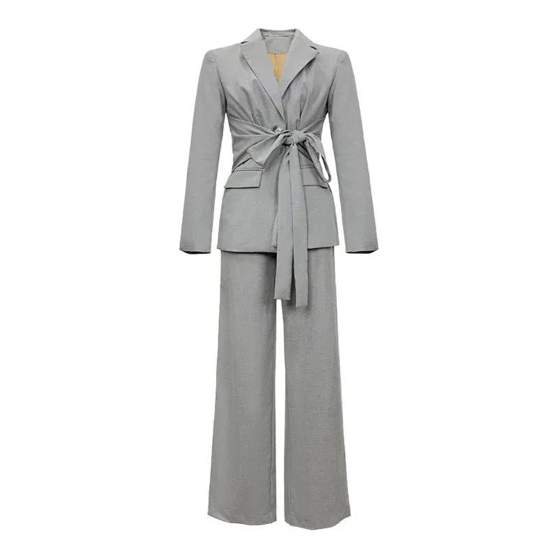 Women's Chic Formal Lace-up Decor Blazer Wide Leg Loose Pants 2 Piece Set