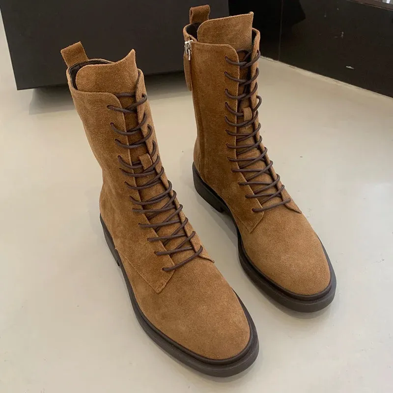 Women's Winter Genuine Leather Round Toe Lace-up Zipper Ankle Boots