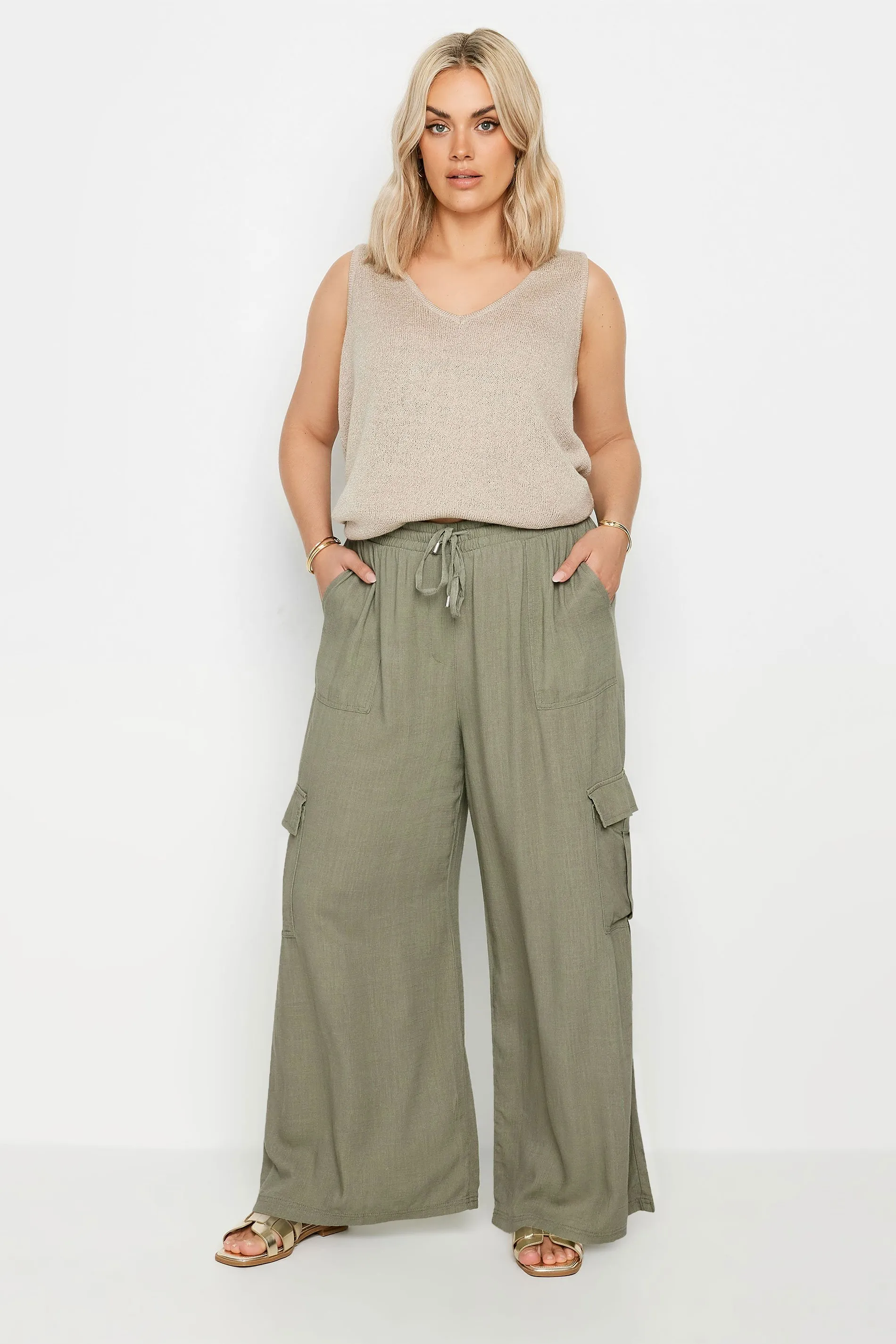 YOURS Curve Khaki Green Linen Wide Leg Cargo Trousers