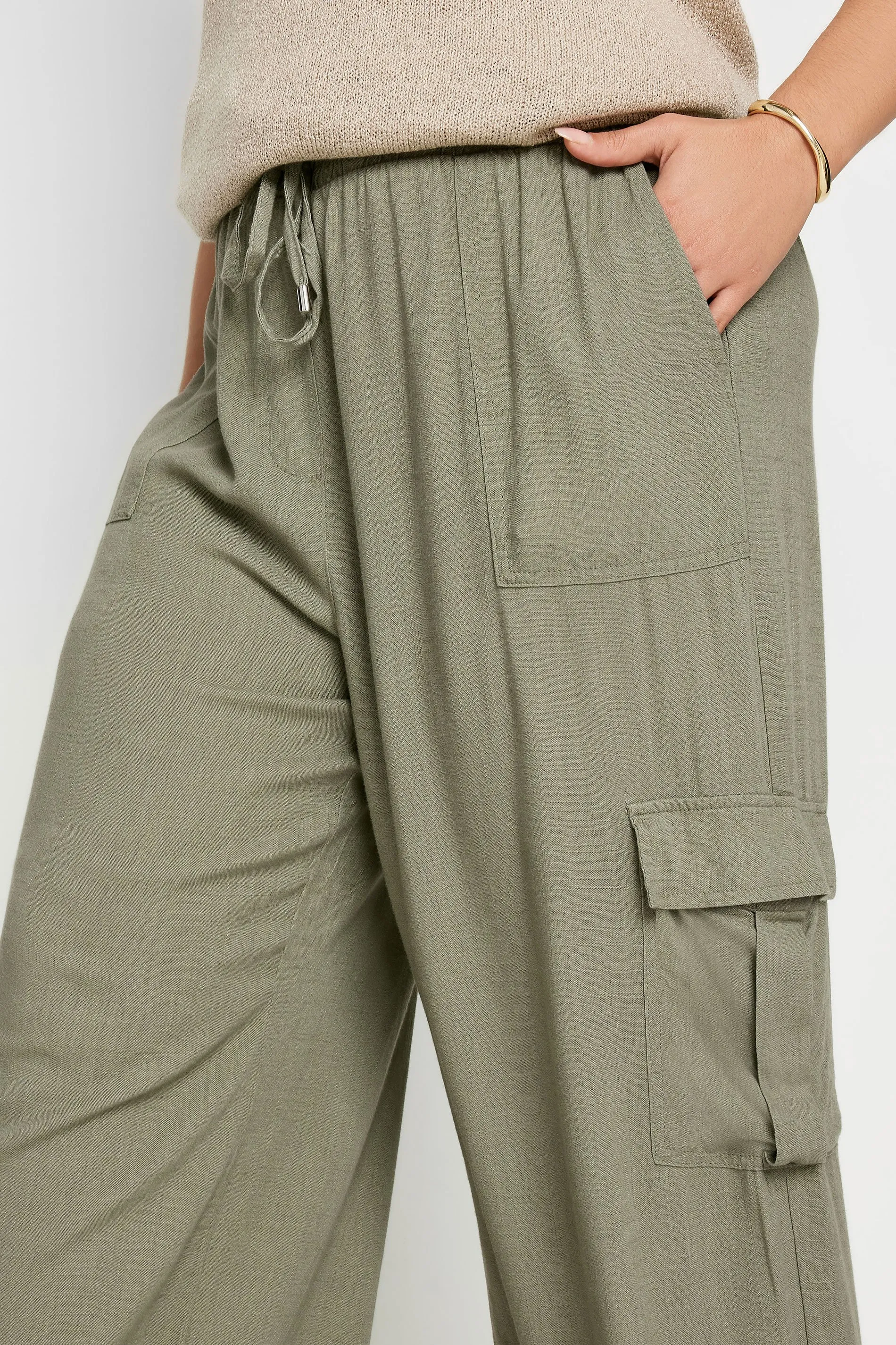 YOURS Curve Khaki Green Linen Wide Leg Cargo Trousers