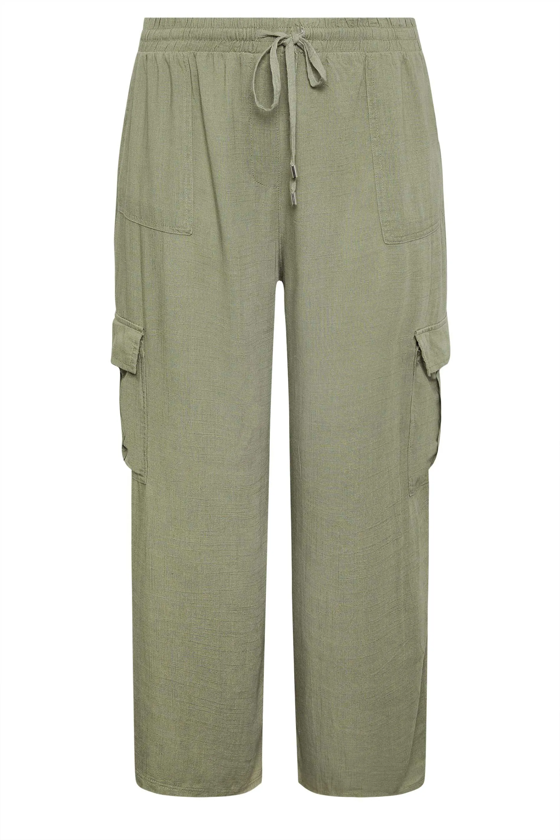 YOURS Curve Khaki Green Linen Wide Leg Cargo Trousers